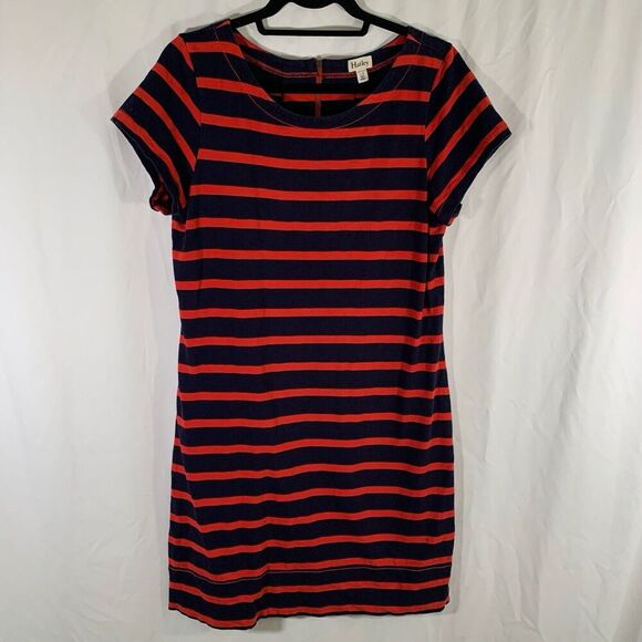 Hatley Knee Length Dress Large Blue Red Striped Round Meck Short Sleeve - Picture 1 of 10